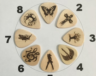 Laser Engraved Hardwood Guitar Picks. Pick Your Engraving Choice In Options Menu. Hand Crafted Plectrum, Guitar Accessories, Instrument Pick