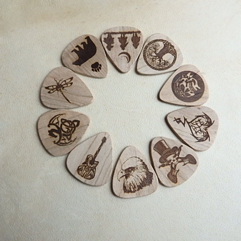 Laser Engraved Hardwood Guitar Picks. Pick Your Engraving Choice In Options Menu. Hand Crafted Plectrum, Guitar Accessories, Instrument Pick