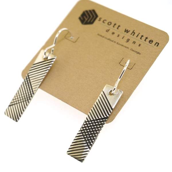 Sterling Silver Mid Century Modern Inspired Modernist Vintage Style Minimalist Intersecting Lines Drop Earrings