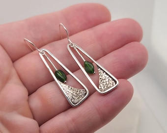Hand Stamped Sterling Silver Mid Century Modern Inspired Modernist Vintage Style Chrome Diopside Dangle Drop Earrings