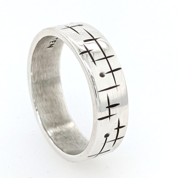 Mid Century Modern Inspired Vintage Style Minimalist Sterling Silver Simple Bauhaus Crosshatch Lines and Dots Band Ring