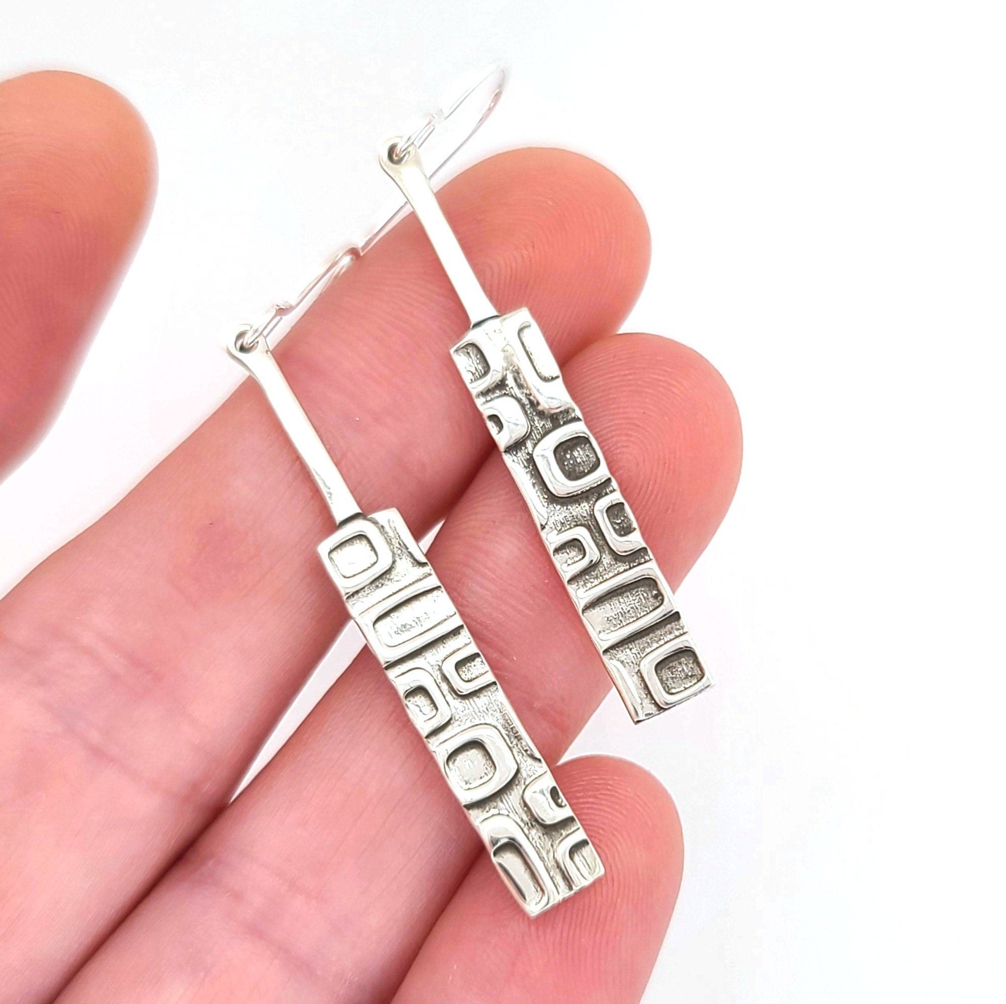 Sterling Silver Mid Century Modern Inspired Modernist Vintage Tiki Style Dangle Drop Bar Earrings