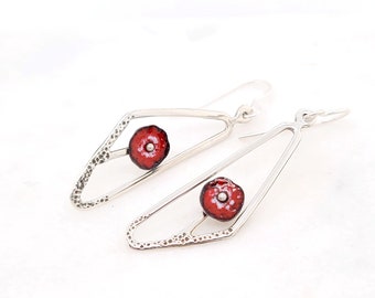 Sterling Silver Mid Century Modern Inspired Modernist Geometric Vintage Style Abstract Red Glass Enamel Sterling Dangle Earrings
