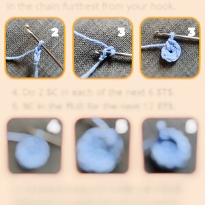 K&ouml;nnte beinhalten: Eine Seite aus einem H&auml;kelmuster mit dem Text "EXAMPLE PAGE OF THE PATTERN!". Das Bild zeigt Schritt-f&uuml;r-Schritt-Anleitungen mit einem H&auml;kelhaken und blauer Wolle, die zeigen, wie man eine H&auml;kelmasche erstellt.