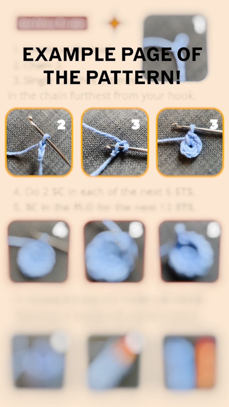 K&ouml;nnte beinhalten: Eine Seite aus einem H&auml;kelmuster mit dem Text "EXAMPLE PAGE OF THE PATTERN!". Das Bild zeigt Schritt-f&uuml;r-Schritt-Anleitungen mit einem H&auml;kelhaken und blauer Wolle, die zeigen, wie man eine H&auml;kelmasche erstellt.