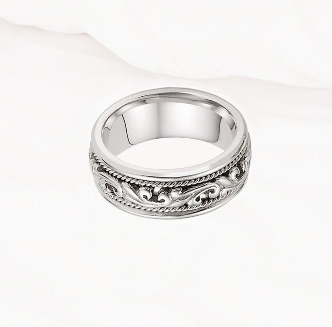 Paisley Inlay 14K White Gold Paisley Inlay Rope Sides Wedding Bands 8mm Size 4 to 14 ...