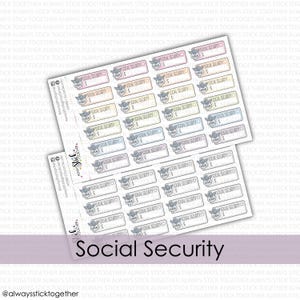 May include: Sheets of stickers with the text "Social Security" in a handwritten font. Each sticker has a rectangular shape with a colored border and a small graphic of an eagle and the USA flag. The stickers are designed for planners.