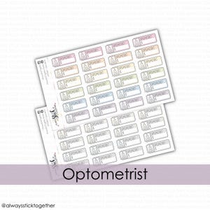 May include: A sheet of colorful stickers with the word "Optometrist" and a stylized eye icon. The stickers are designed for use in a planner or journal.