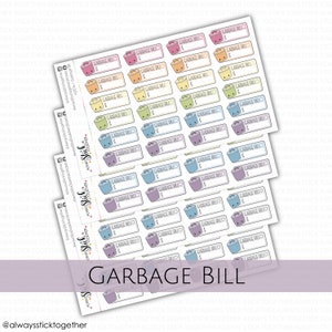 May include: A sheet of colorful stickers with a cartoon trash can design. Each sticker has a space to write "Garbage Bill" and a dollar sign. The stickers are in various colors, including blue, green, yellow, orange, and purple.