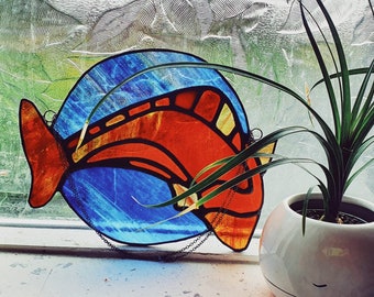 Blue and Orange Stained Glass Koi Fish Sun Catcher and Wall Hanging