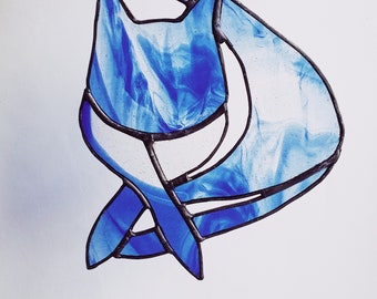 Whispy Clear and Blue Matisse Style Cat Stained Glass Suncatcher and Wall Hanging