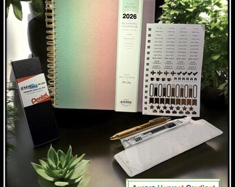 2026 Daily/Monthly Planner Set – Aurora Harvest Gradient Cover with Gold Pen, Stickers, Ruler & Refill | Organizer Gift Set