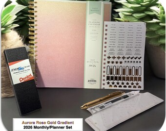2026 Aurora Rose Gold Gradient Planner Set – Gold Pen, Stickers & Ruler