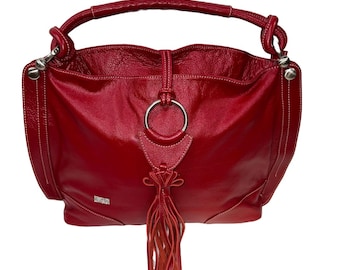 Brand New! Vintage Celsius Genuine Leather Red Shoulder Bag | Boho Tassel Satchel | Large Designer Purse