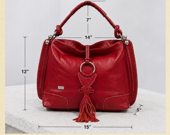 Brand New! Vintage Celsius Genuine Leather Red Shoulder Bag | Boho Tassel Satchel | Large Designer Purse