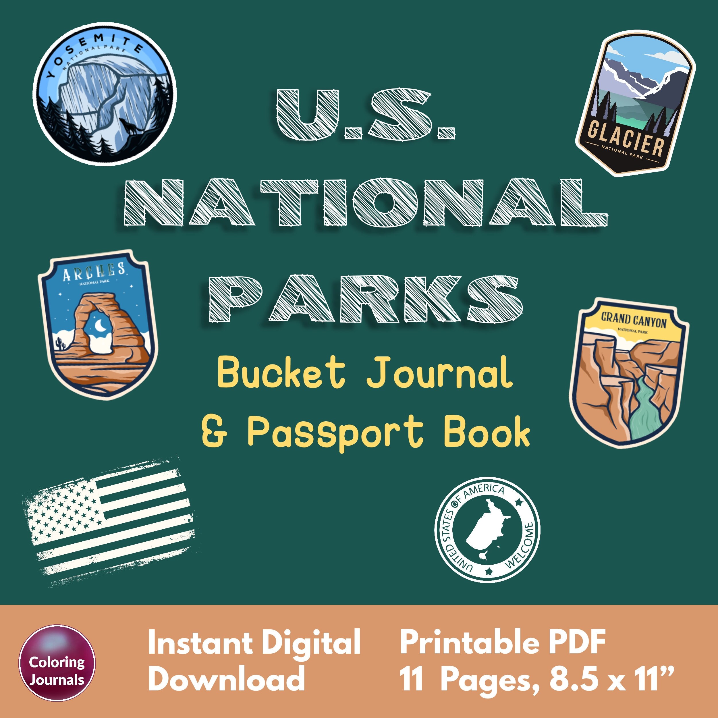 Printable US National Parks Bucket Journal & Passport Book, Stamp Book