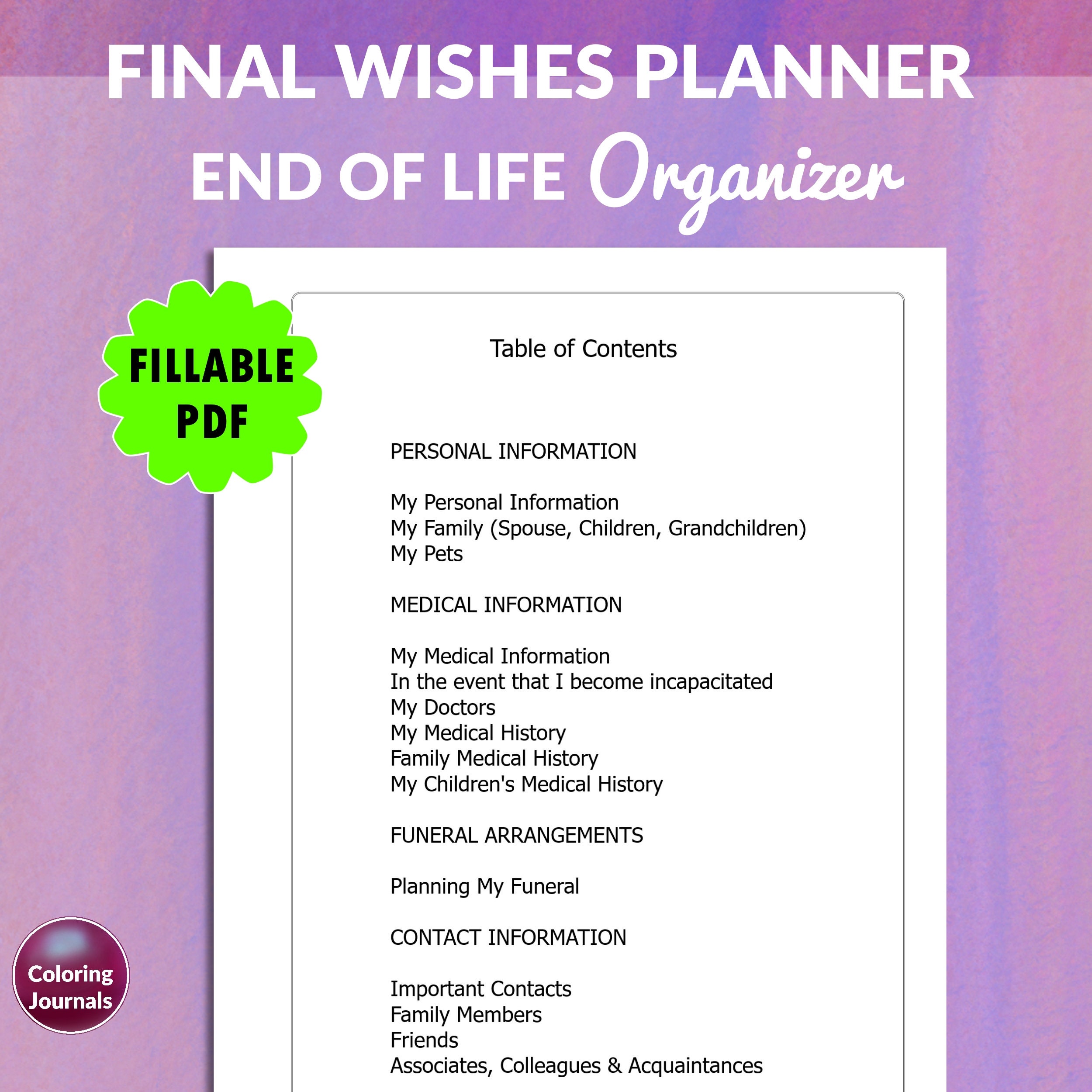 End of Life Planner Fillable PDF, Emergency Binder, If I Die Binder ...