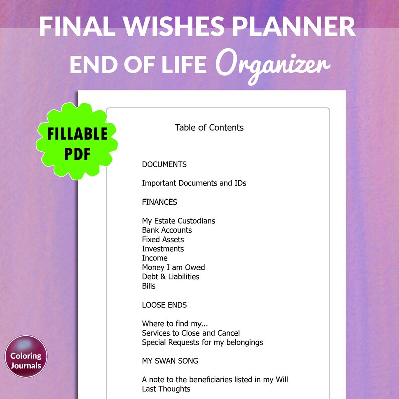 End of Life Planner Fillable PDF, Emergency Binder, If I Die Binder ...