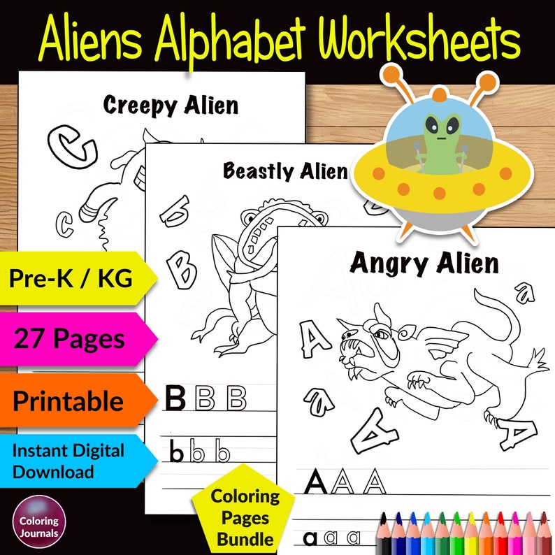 Alphabet Practice Worksheets Aliens Coloring Pages For Kids Etsy