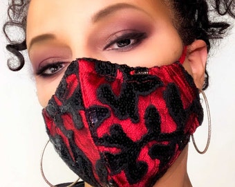 Rood en zwart Sequin Designer Face Mask wasbaar, Fashion Face Mask USA, Cotton Lined of Silk Lined voor gevoelige huid