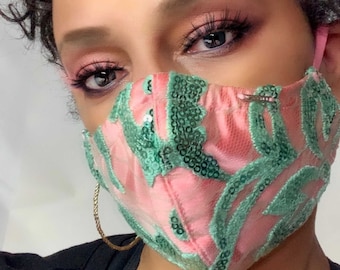 Rosa und grün Pailletten und Satin Designer Gesichtsmaske, Luxus Gesichtsmaske, Satin Gesichtsmaske, waschbare wiederverwendbare Filtertasche