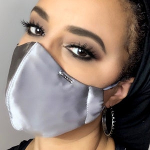 Silver Luxury Silk Satin Face Mask, Fashion Face Mask USA, Washable Reusable Cotton Lined or Silk Lined for Sensitive Skin
