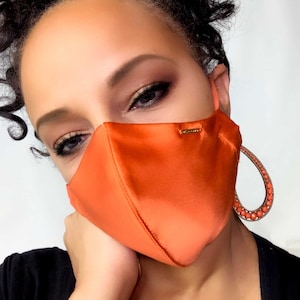 Burnt Orange Silk Satin Designer Face Mask Pocket, Fashion Face Mask USA, Washable Reusable Cotton Lined or Silk Lined for Sensitive Skin