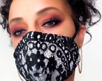 Zwart-wit Kant Fashion Face Mask USA, bekleed met 100% katoen, luxe gezichtsmasker, Lace Face Mask, wasbare herbruikbare filter zak