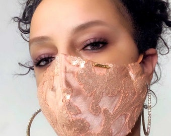 Rose Gold Sequin Silk Satin Fashion Face Mask USA, Luxury Face Mask,Washable Reusable Cotton Lined or Silk Lined