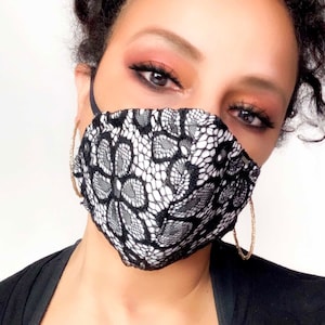 Schwarz und weiß Floral Spitze Designer Gesichtsmaske gefüttert waschbare wiederverwendbare Filtertasche