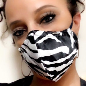 Black and White Zebra Print Satin Fashion Face Mask USA, Washable Reusable Cotton Lined or Silk Lined for Sensitive Skin