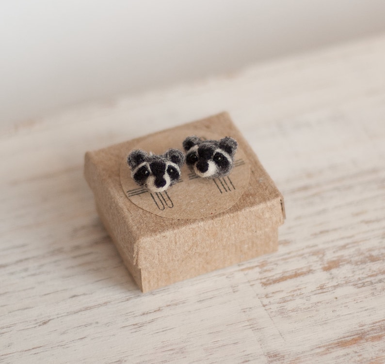 Tiny raccoon stud earrings, Small sterling silver animal kids studs, gift for girlfriend, Mothers Day gift image 1