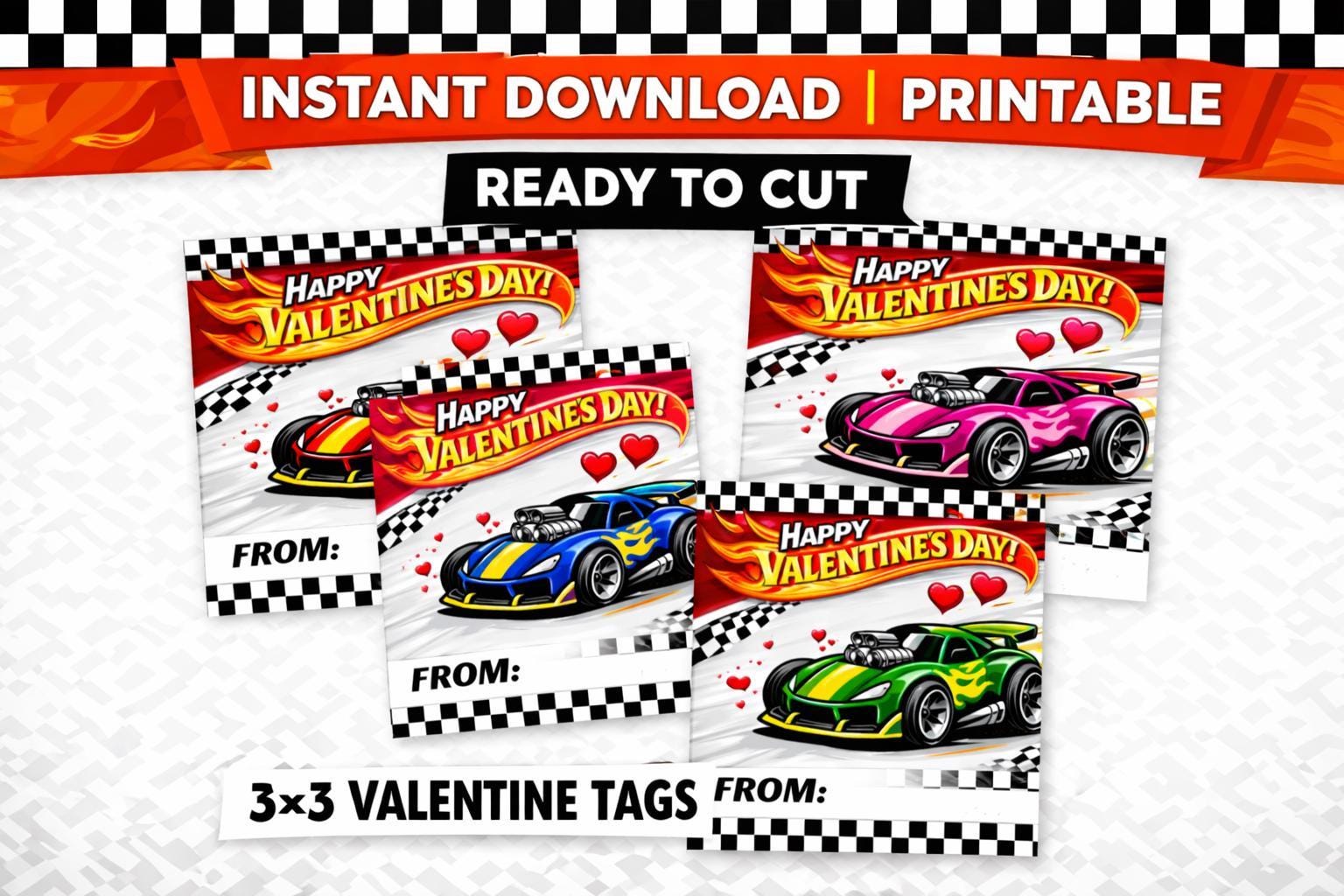Printable Race Car Valentines | 3x3 Car Valentine Tags | Classroom ...