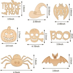 May include: Set of 10 unfinished wooden Halloween ornaments. The ornaments include a pumpkin, a skull and crossbones, a bat, a witch's hat, a spider, the word "BOO", and the words "Trick or Treat". Each ornament is approximately 2.5 to 4.5 inches in size.