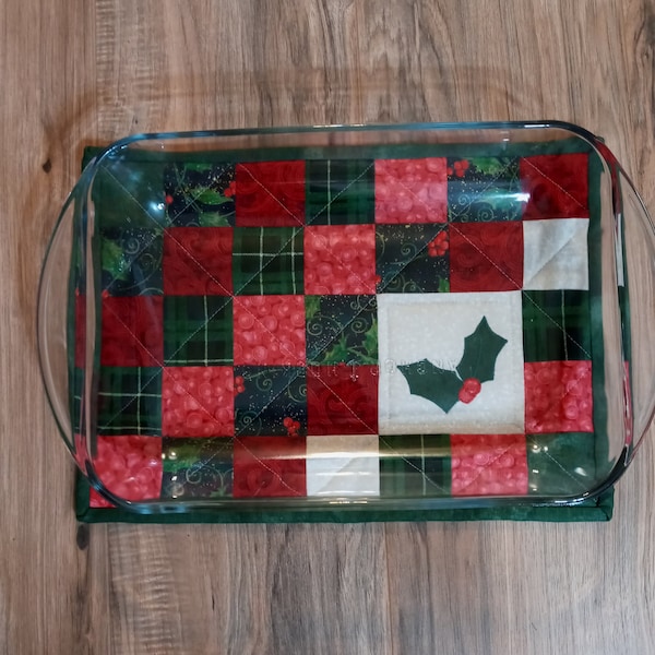 Quilted Christmas casserole trivet/hot pad. Handmade large hot pad with appliqued holly leaves.