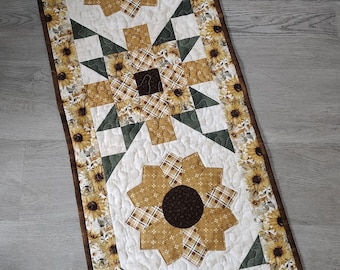 Quilted sunflower table runner for summer and fall.