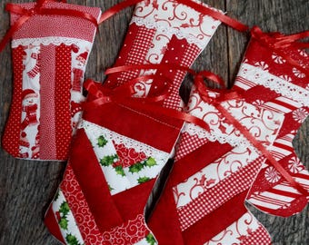Handmade Quilted Christmas Stocking Ornament: Red & Green Gift Card Holder