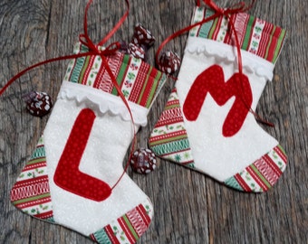 Quilted personalized small Christmas sockings. Hand made fillable stockings with appliqued initial. Gift card holder.