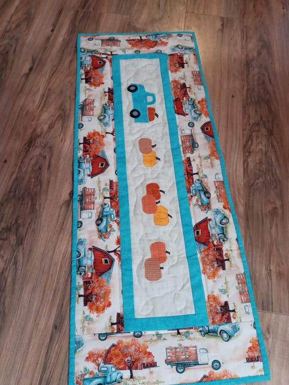Handmade Quilted Fall Table Runner: Teal Truck & Pumpkins