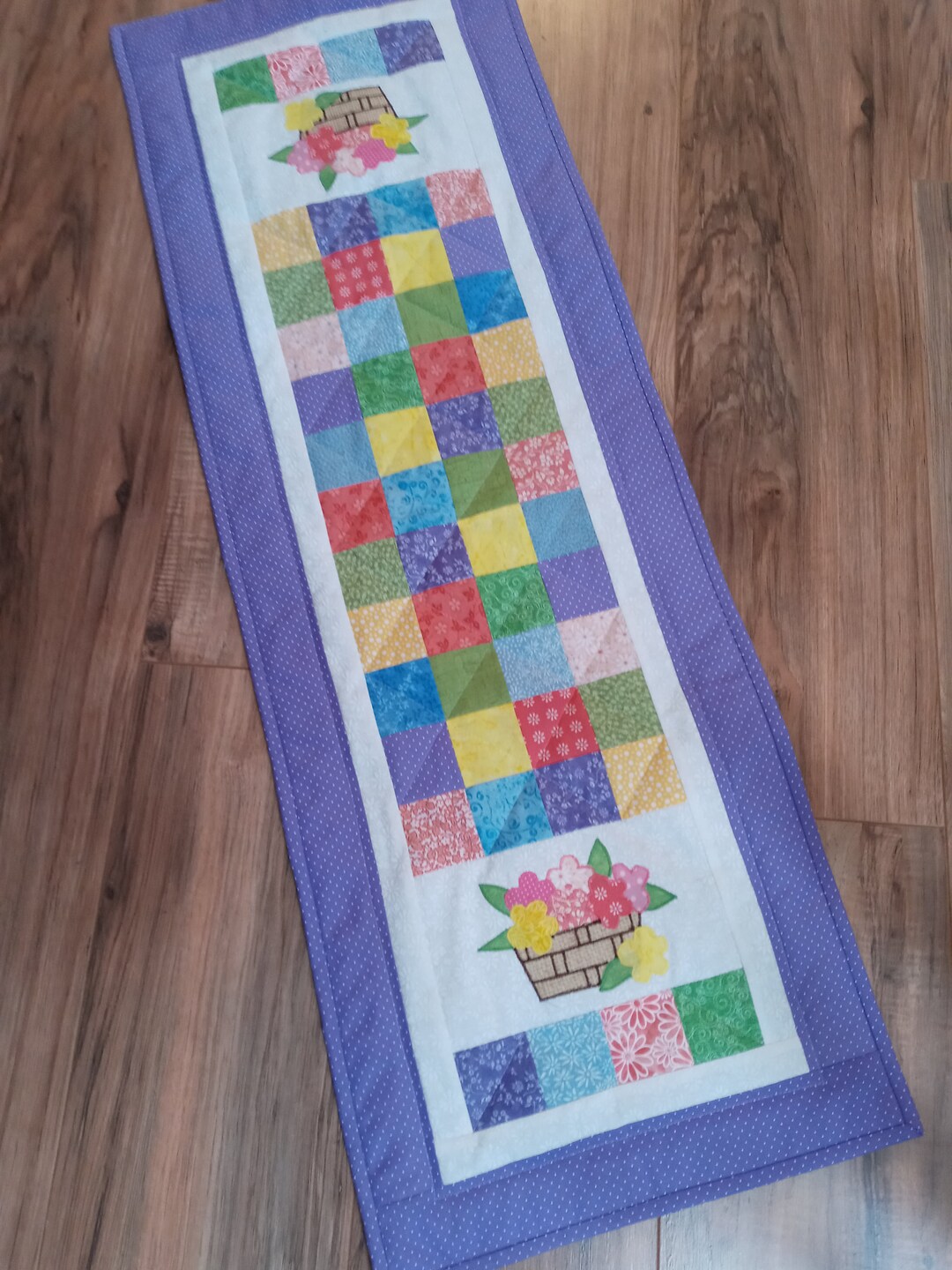 Quilted Easter Spring Table Runner Handmade Scrappy Table Runner With