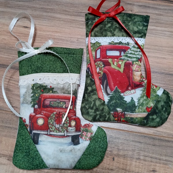 Quilted small Christmas stocking ornaments.  Hand made Red, Blue, or Green ornaments. Small fillable stocking. Christmas Gift card holder.