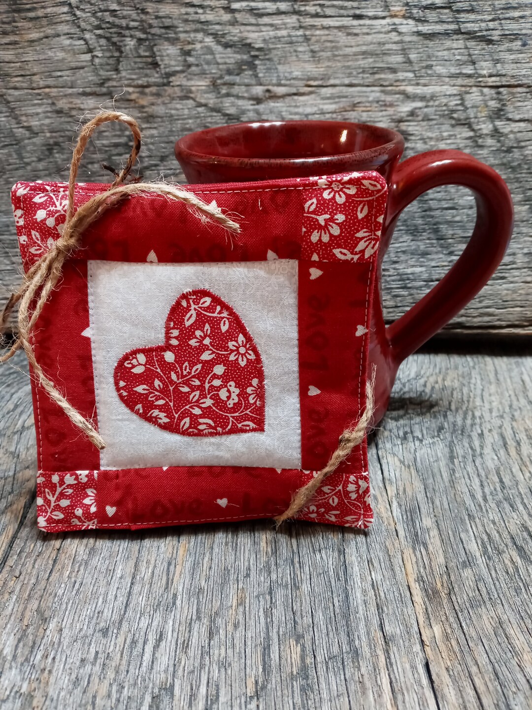 Quilted Valentine's Day Coasters. Handmade Red Coasters With Appliqued