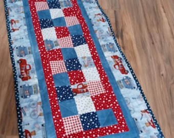 Handmade Quilted July 4th Table Runner: Patriotic Red Truck Design
