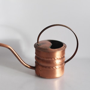 Op de afbeelding: Een koperen gieter met een decoratief, getextureerd ontwerp. De gieter heeft een lange tuit en een handvat met een ronde opening.