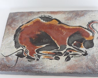 Karlsruher Majolika: Breathtaking wall plaque by- West German Pottery - Fat Lava - WGP, Cave Painting, steer, Altamira