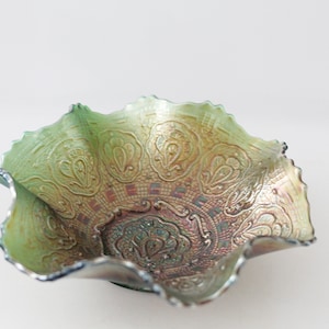 Fenton: Candy dish, Persian Medallion Carnival Glass, Carnival glass, American Glass, iridecent green, Pressed glass