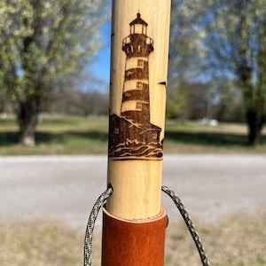 Hand Carved Lighthouse Walking Stick: Personalized Poplar Wood Hiking Staff