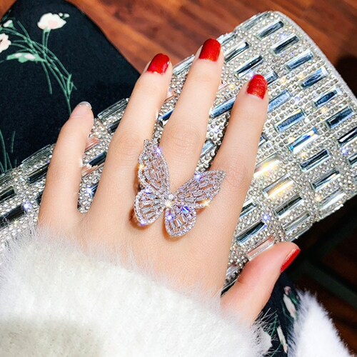 Luxury Crystal Adjustable Statement Butterfly Rings Etsy