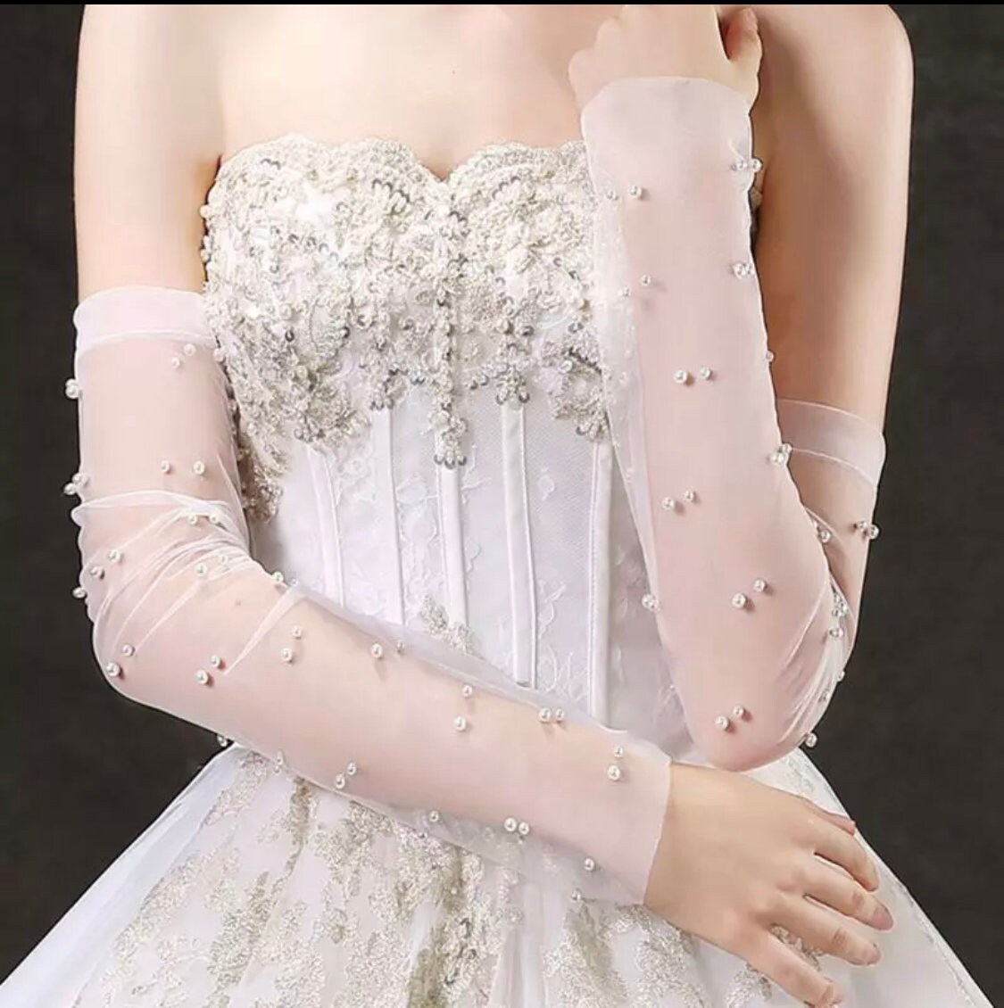 Black Tiered Lace Pearl Accent Victorian Gothic Wedding Long Gloves 15” NEW 
