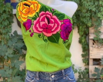 Floral top, one shoulder mexican blouse